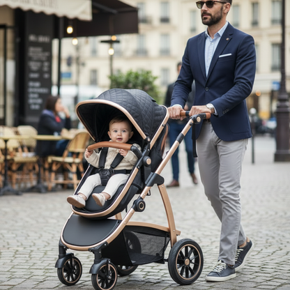 Papa et bébé en promenade avec la poussette 3 en 1 premium noire.