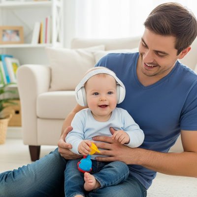 Papa et son bébé avec son casque anti bruit bébé léger.
