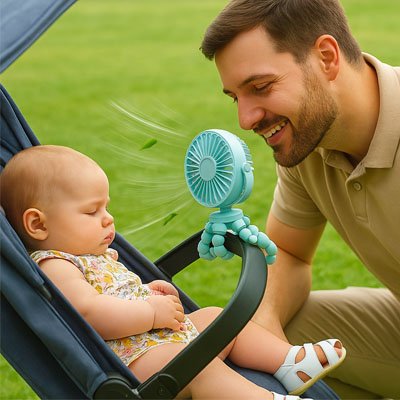 Papa installe mini ventilateur pour rafraichir bébé dans sa poussette.