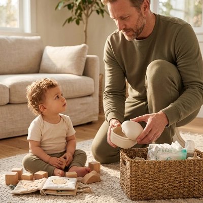 Papa ouvre une boite a tetine​ beige pour protéger la sucette bébé.