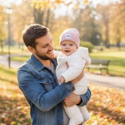 Papa portant bébé avec son bonnet bebe beige en automne.