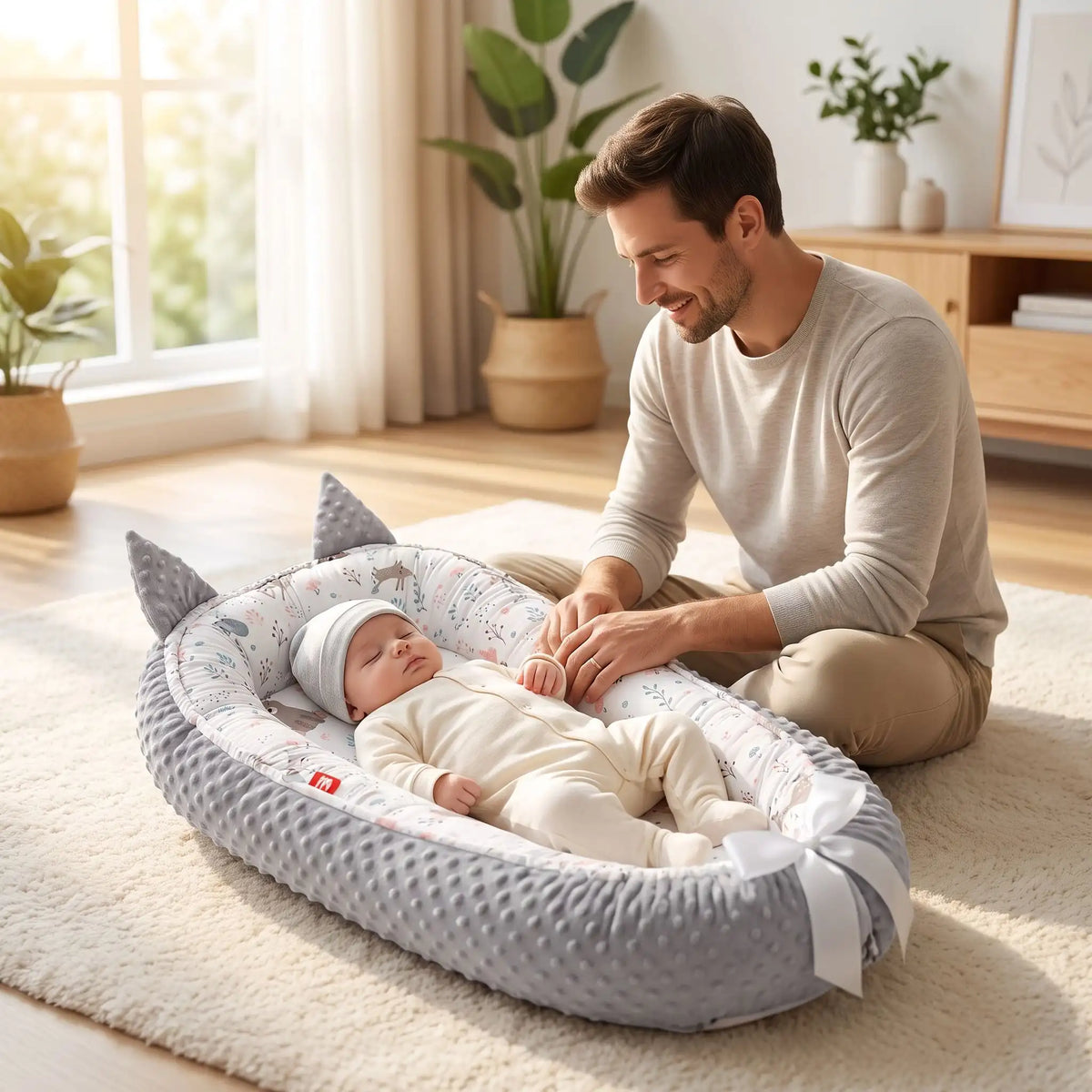 Papa regarde son bébé endormi dans son nid d'ange motifs cerf.