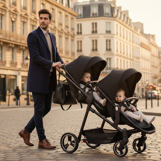 Papa avec sa poussette double tandem noire dans une rue parisienne.