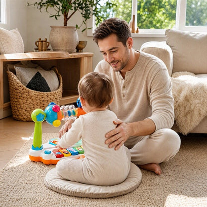 Papa surveille son bébé qui joue avec son piano bebe interactif.