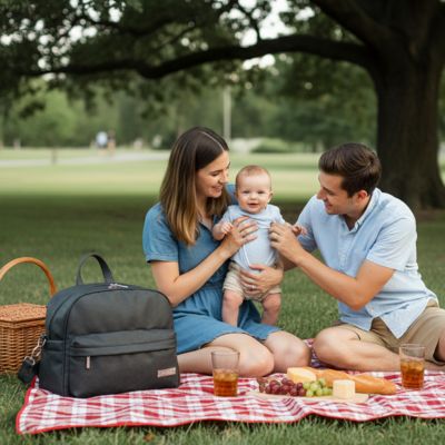 Parents au parc avec bébé et leur sac a langer bebe noir.