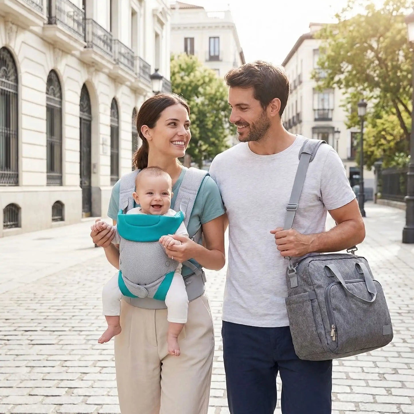 Parents en balade en ville avec leur porte bebe ergonomique turquoise.