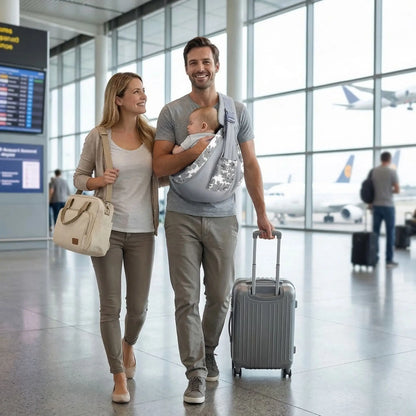 Parents en voyage avec echarpe de portage en coton cendre.