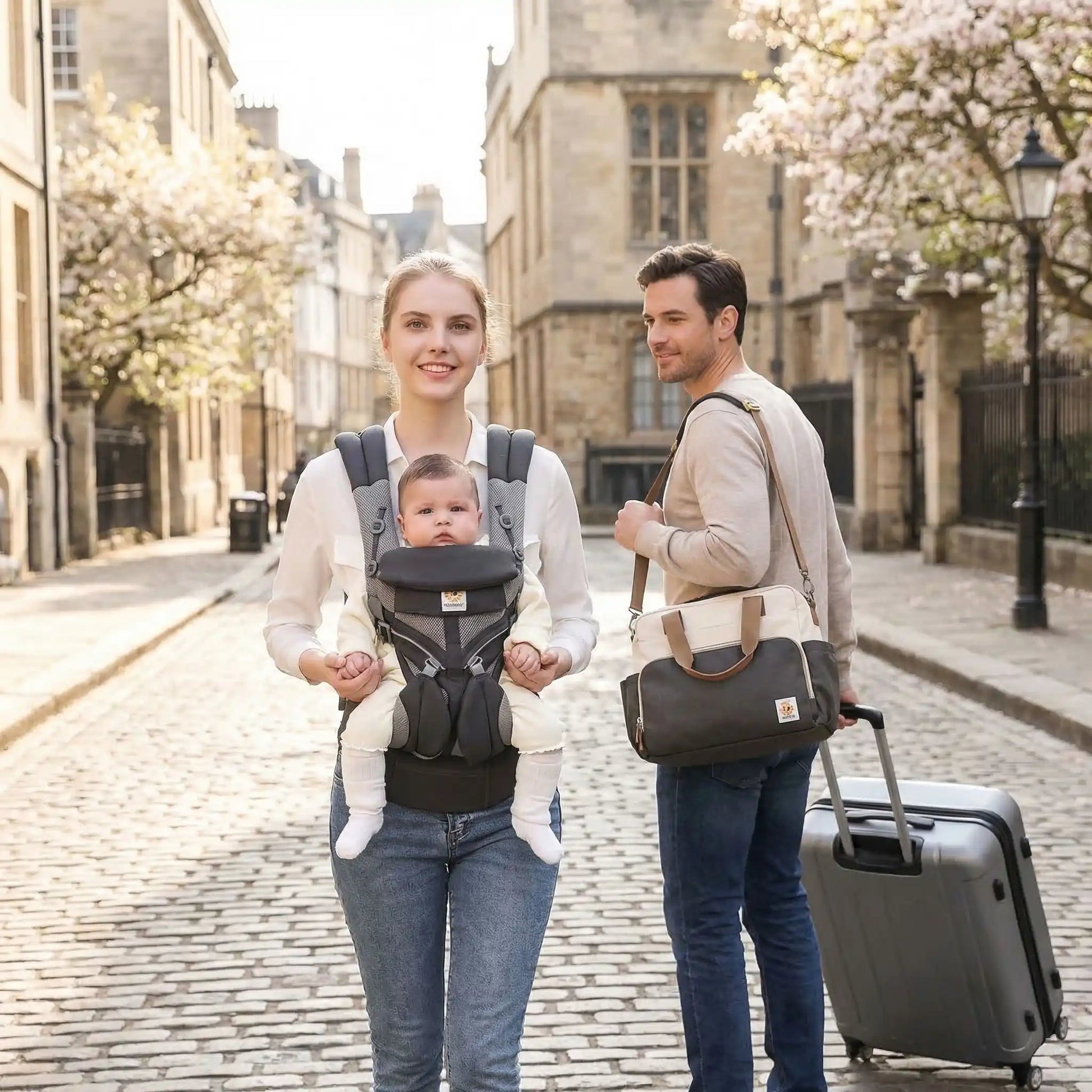 Parents en voyage avec leur porte bebe evolutif gris foncé.