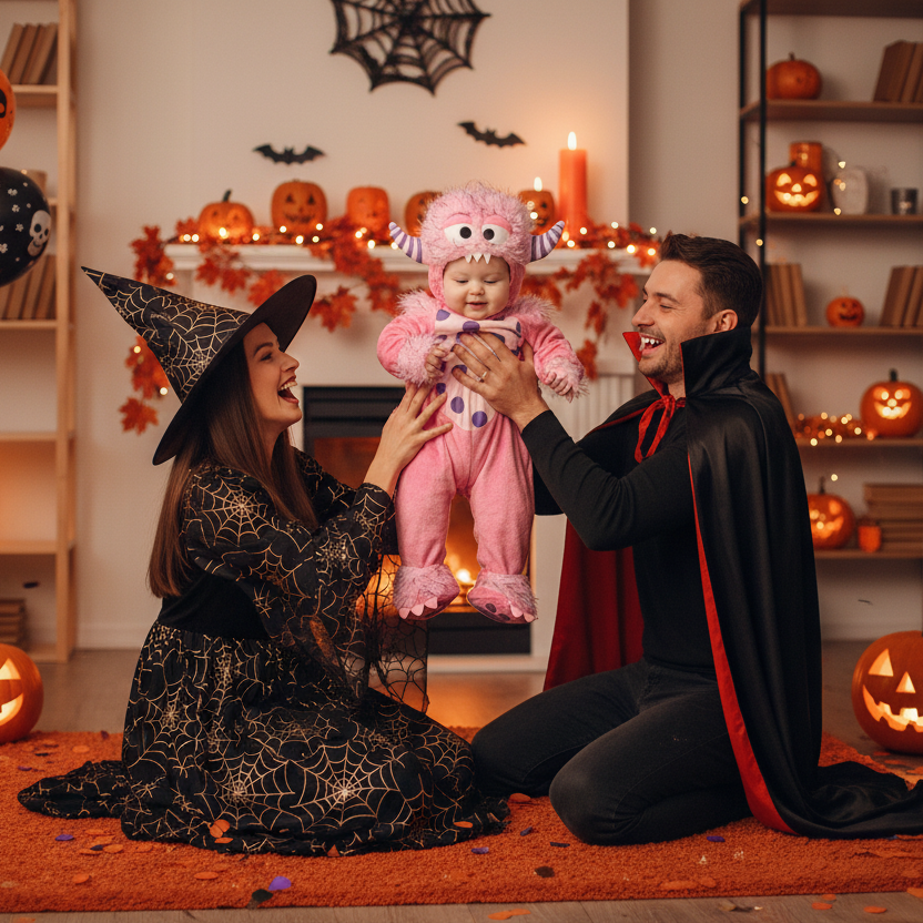 Parents à l'Halloween avec bébé dans son déguisement bebe monstre rose.