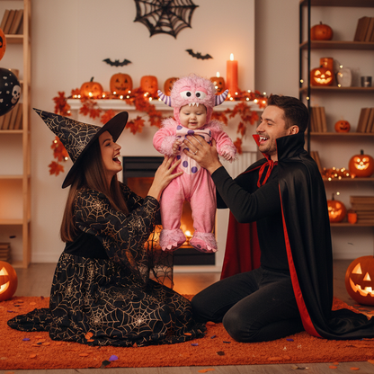 Parents à l'Halloween avec bébé dans son déguisement bebe monstre rose.