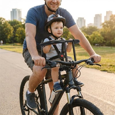 Petit garçon heureux en promenade dans son porte bebe velo en carbone.