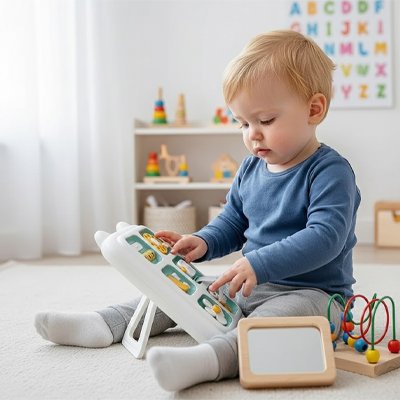 Petit garçon qui joue avec son busy board vert.