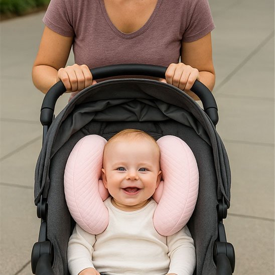 Petite fille en promenade avec son cale tete bebe rose ergonomique.