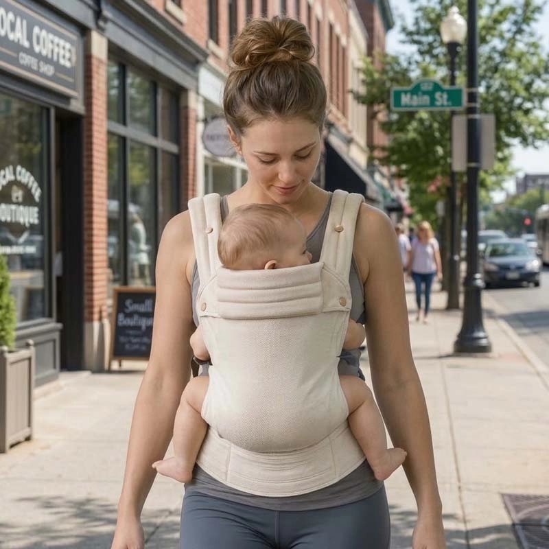 Porte bebe beige vanille élégant pour les promenades extérieures.