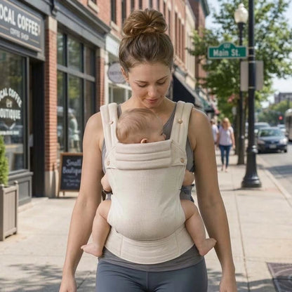 Porte bebe beige vanille élégant pour les promenades extérieures.