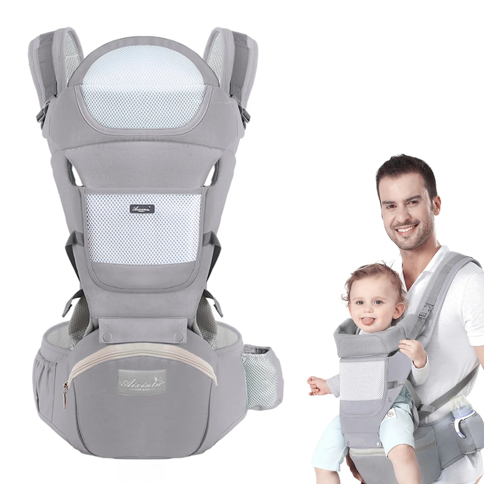 Porte bebe évolutif gris avec papa et bébé