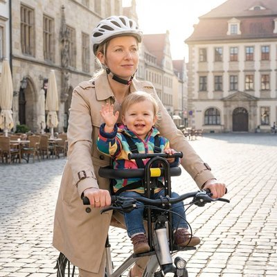 Enfant heureux en promenade assis dans porte bebe velo 