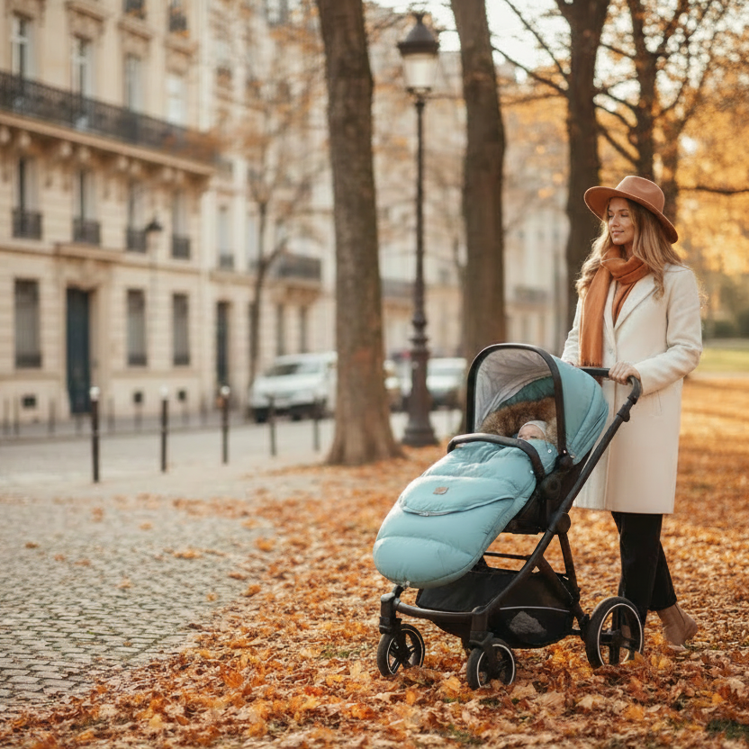 Promenade automnale avec poussette grise et chanceliere bebe océan.