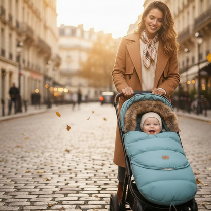 Promenade à paris avec bébé dans sa chanceliere bebe turquoise.