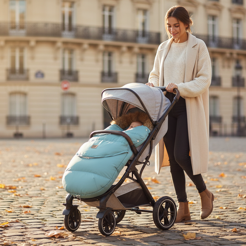 Promenade parisienne automnale avec chanceliere bebe bleue ocean.