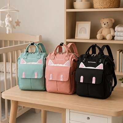 Sac a dos a langer design chat offert en trois couleurs.