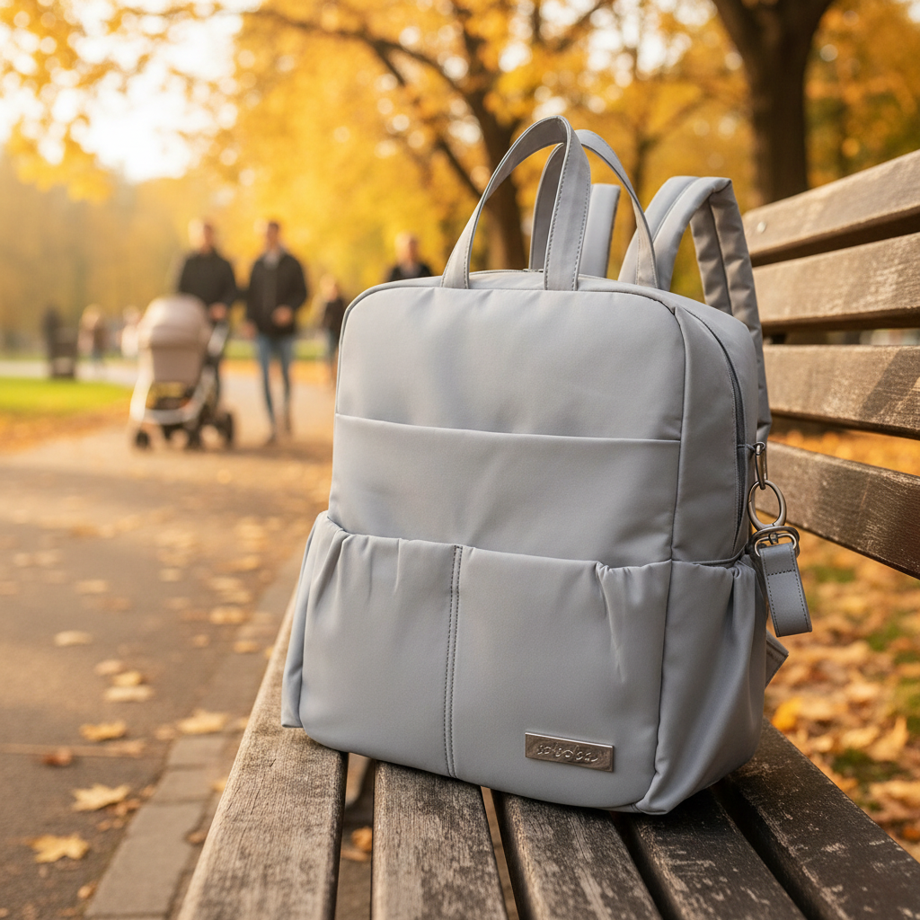Sac a dos a langer gris sur un banc de parc en automne.