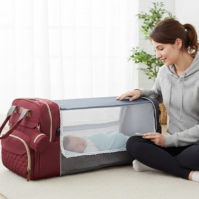Sac à dos à langer rouge avec lit de voyage intégré.