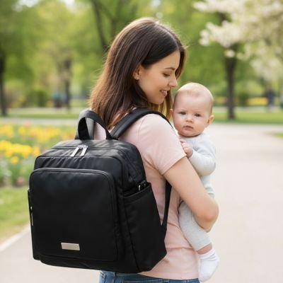 Maman en promenade avec bébé et Sac a dos a langer élégant noir