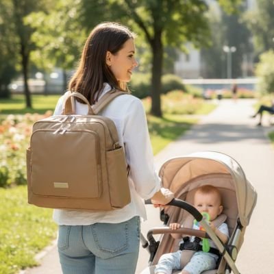 Maman promène bébé au parc avec Sac a dos a langer beige sable 