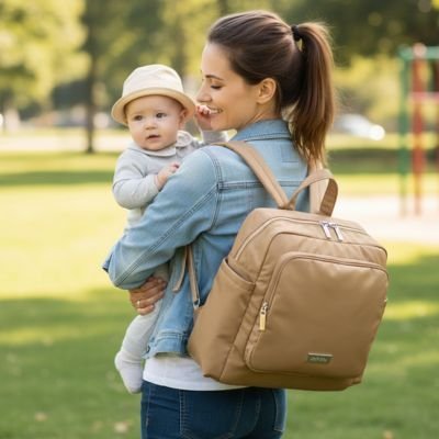 Maman en promenade avec bébé et Sac a dos a langer élégant sable