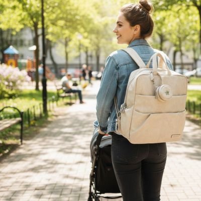 Maman en promenade avec sac a dos a langer beige