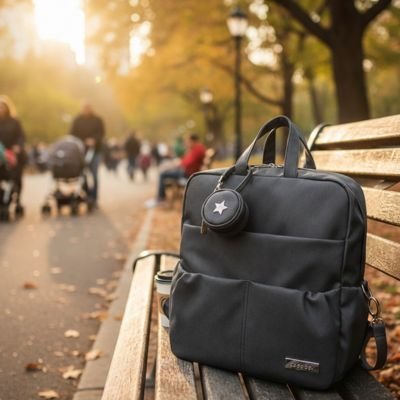 Sac a dos a langer noir sur un banc de parc