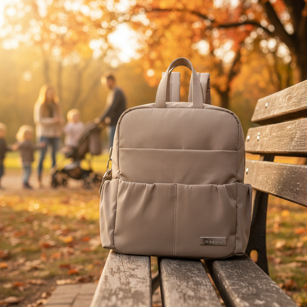 Sac a dos a langer taupe sur un banc de parc en bois.