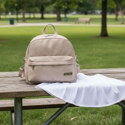 Sac a langer bebe beige déposé sur une table de pique-nique.