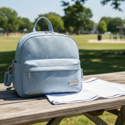 Sac a langer bebe bleu pâle sur une table extérieure en bois.