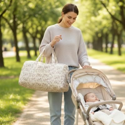 Maman en promenade avec Sac a langer bebe fourre-tout