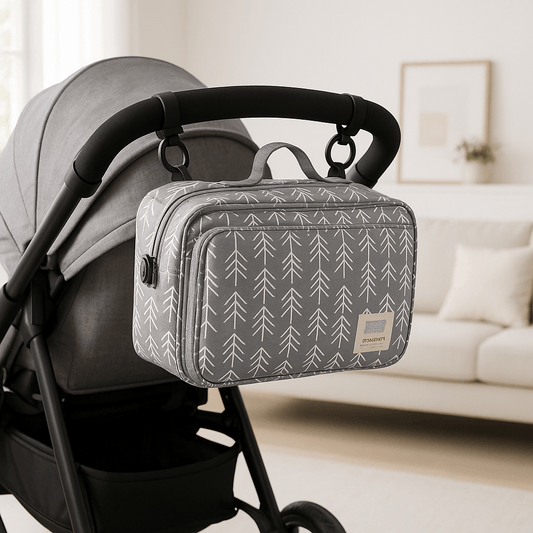 Sac a langer pratique et compact gris avec design flèches.