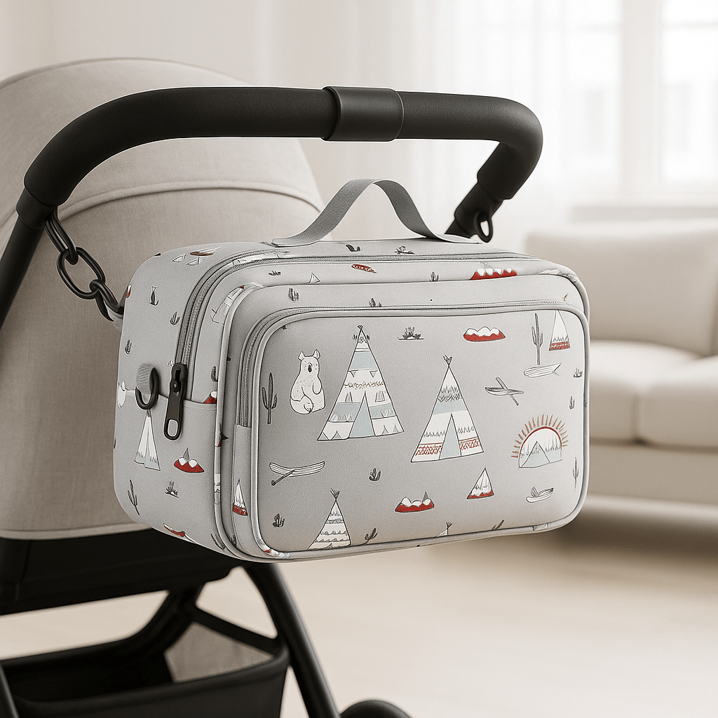 Magnifique petit sac a langer design Tipis accroché à la poussette