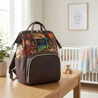 Sac a langer marron sur le bureau dans la chambre de bébé.