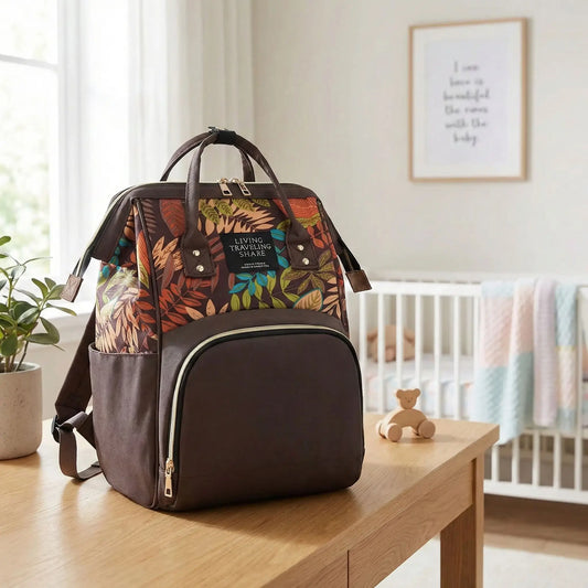 Sac a langer marron sur le bureau dans la chambre de bébé.