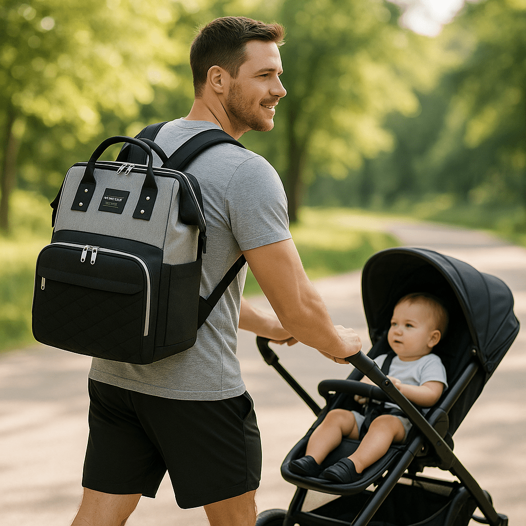 Papa en promenade et sac à langer grande capacité.