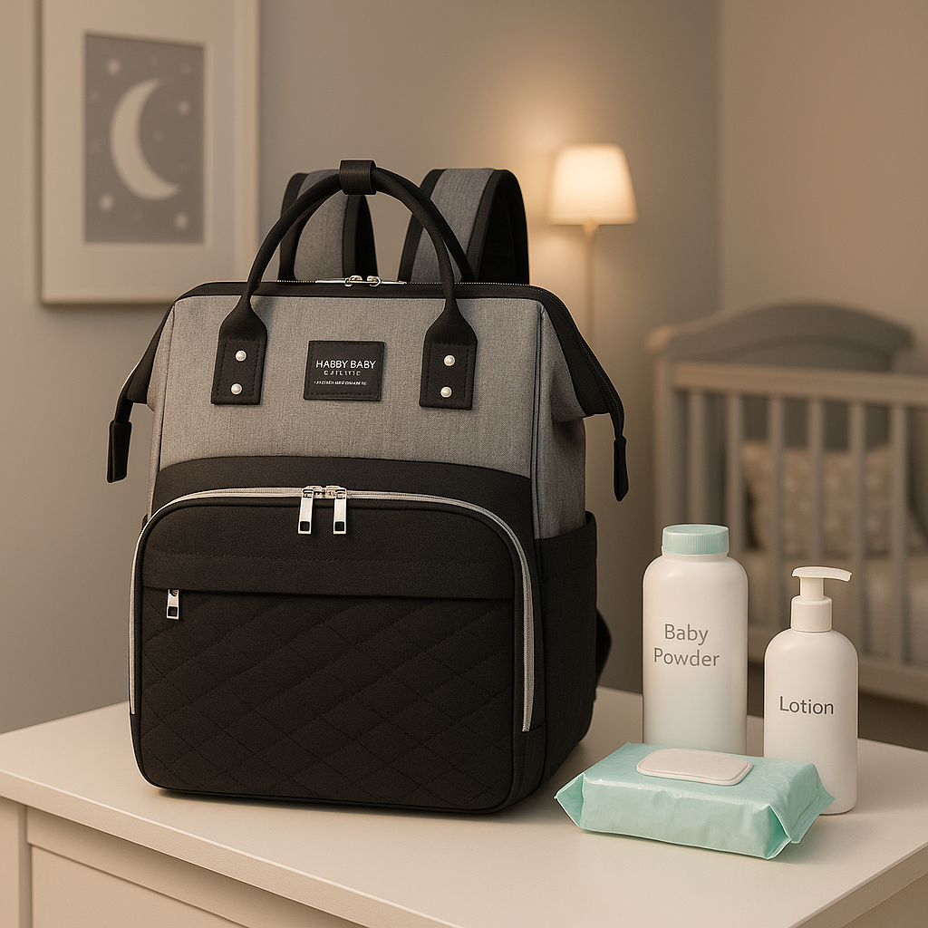 Sac à langer noir dans la chambre de bébé avec produits pour le change.