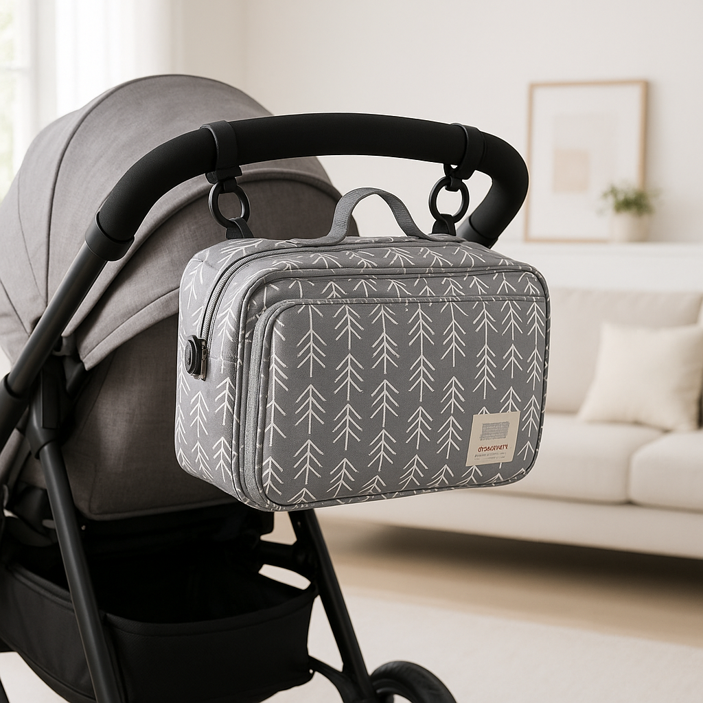 Sac a langer pratique et compact gris avec design flèches.