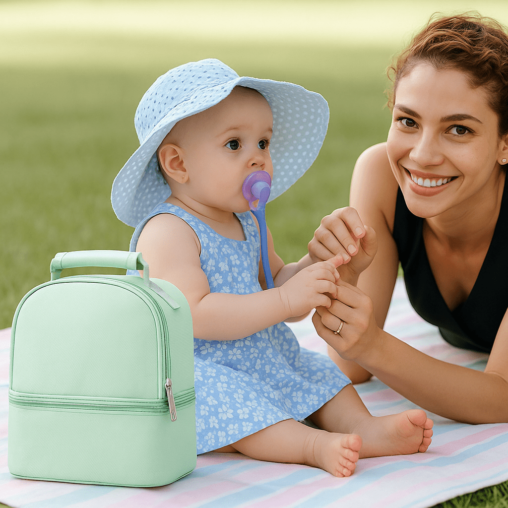 Maman étendue près de sa fillette au parc et sac bebe isotherme vert.