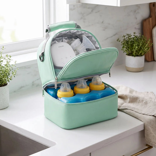 Sac bebe isotherme vert avec blocs réfrigérants.