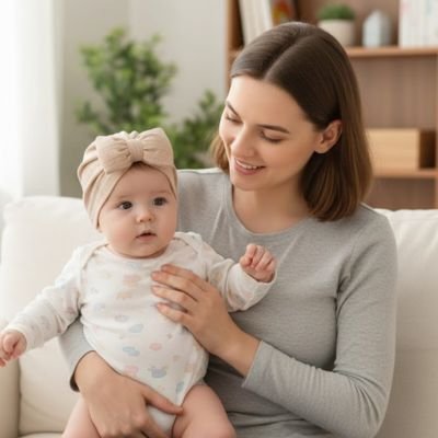 Turban bebe fille beige avec magnifique noeud papillon.
