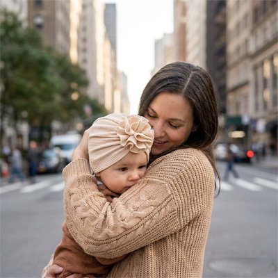 Turban bebe fille beige avec une fleur sur le devant.