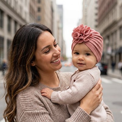 Turban bebe fille en coton rose avec magnifique fleur. 